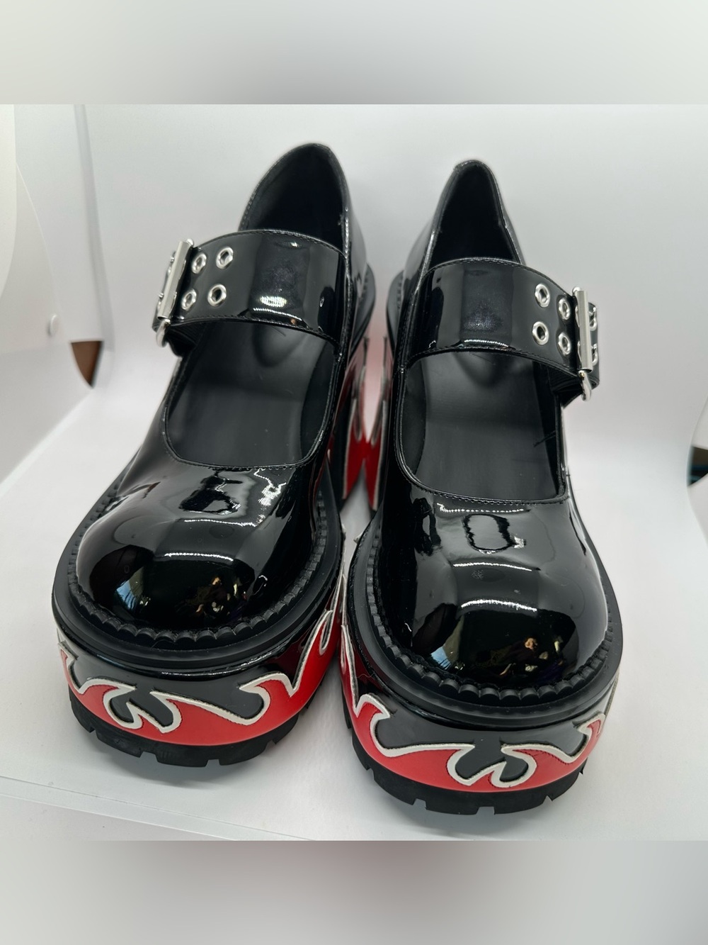 Black Patent Mary Jane Platform Shoes with Red Flame Sole